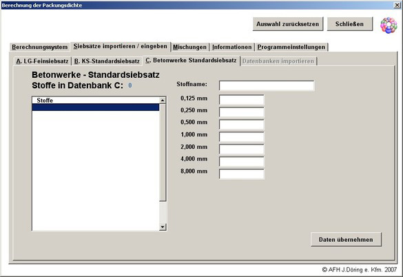 Eingabe Betonwerke - Standardsiebsatz