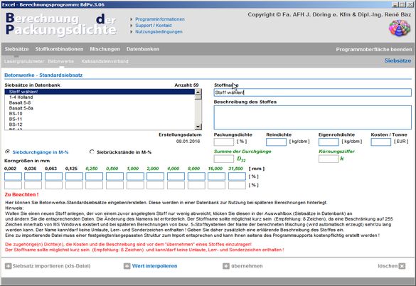 Eingabe Betonwerke - Standardsiebsatz