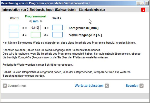 Standardsiebsatz - Werte interpolieren