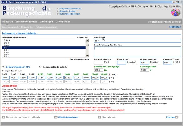 Eingabe Kalksandstein - Standardsiebsatz